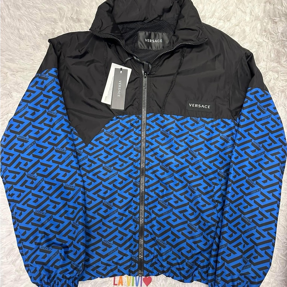 Versace Men's Black and Patterned Blue Windbreaker